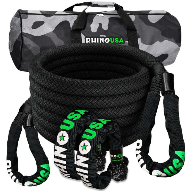 Rhino USA 7/8In X 30Ft Kinetic Rope Recovery Kit W/Soft Shackles (Black) - Powersports Haven