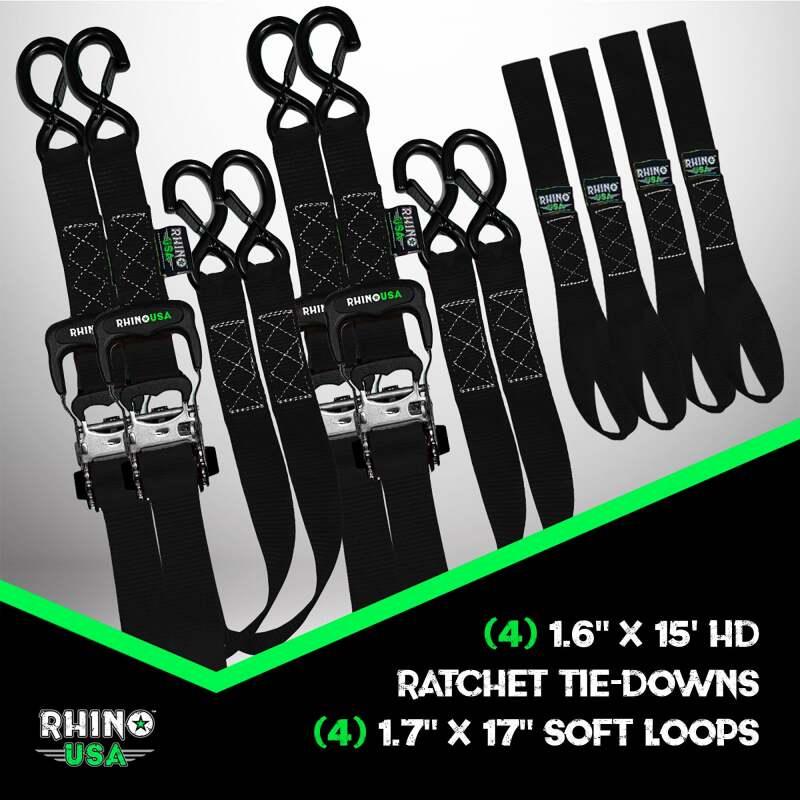Rhino USA Heavy Duty Ratchet Tie-Down 4-Pack Black 1.6In X 15Ft - Powersports Haven