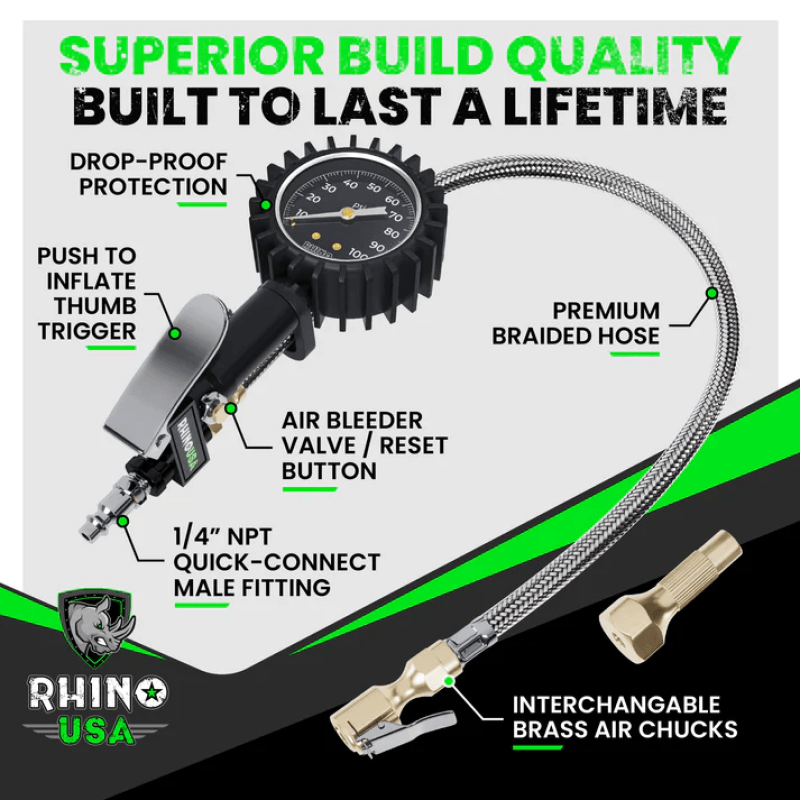 Rhino USA 100 Psi Analog Tire Inflator Gauge - Powersports Haven