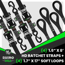 Load image into Gallery viewer, Rhino USA Heavy Duty Ratchet Tie-Down 4-Pack (Black) 1.6In X 8Ft - Powersports Haven