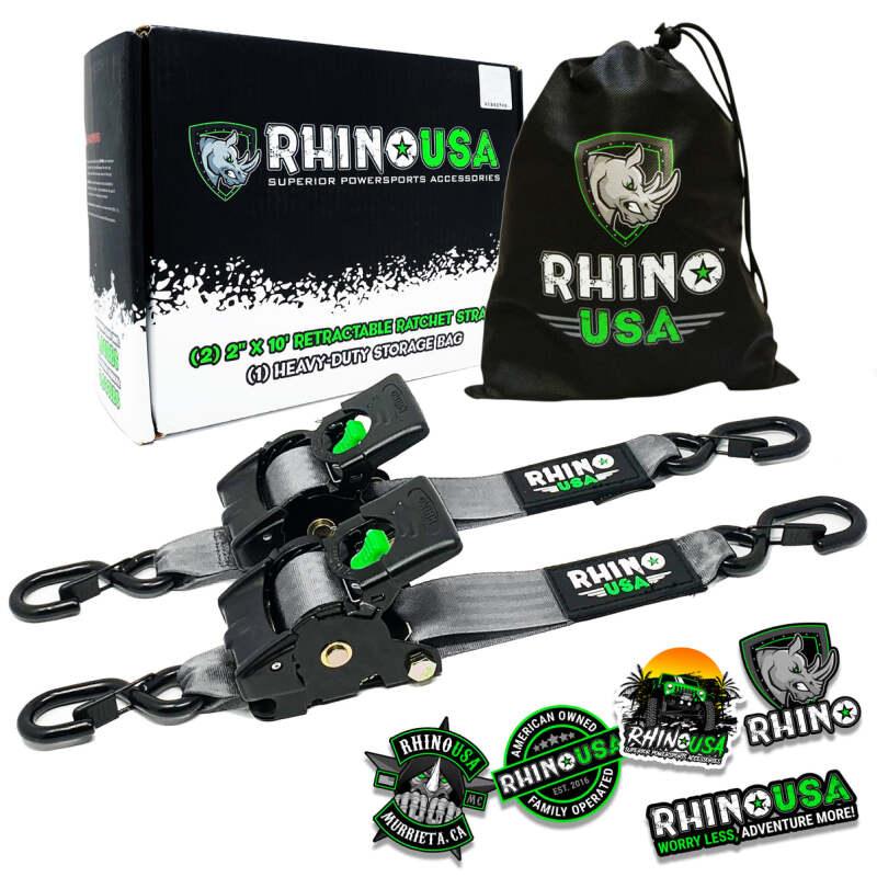 Rhino USA Retractable Ratchet Straps (2Pk 2Inx10Ft) Gray - Powersports Haven