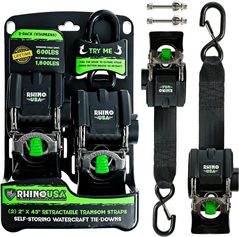 Rhino USA Retractable Transom Straps (2 Pack-Stainless) - Powersports Haven