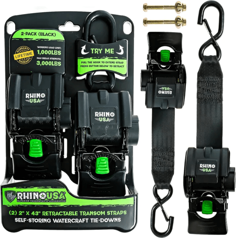 Rhino USA Retractable Transom Straps (2 Pack-Black) - Powersports Haven