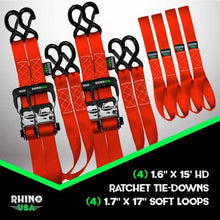 Load image into Gallery viewer, Rhino USA Heavy Duty Ratchet Tie-Down 4-Pack Red 1.6In X 15Ft - Powersports Haven