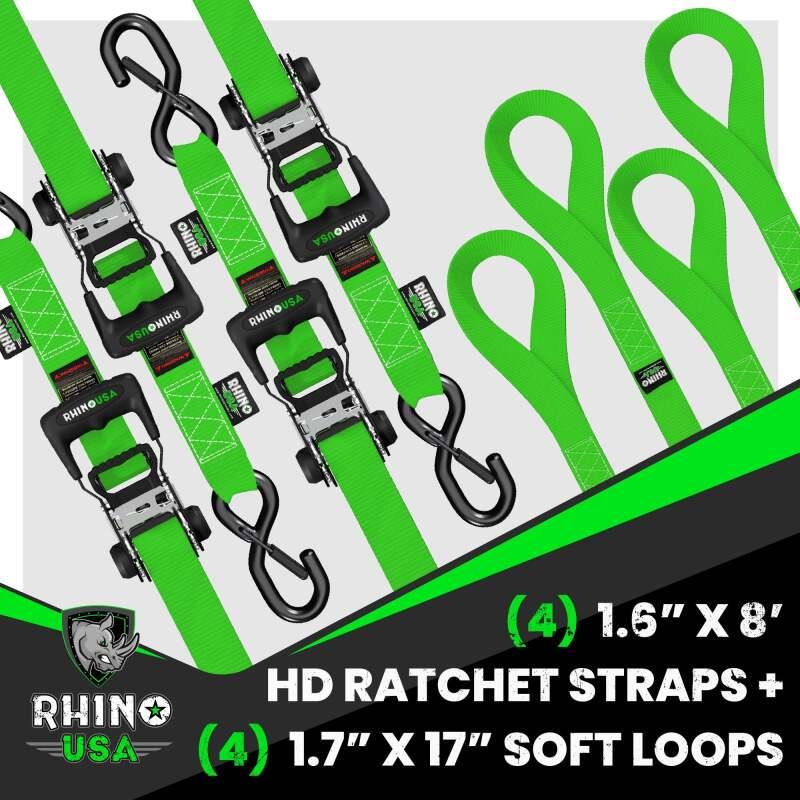 Rhino USA Heavy Duty Ratchet Tie-Down 4-Pack (Green) 1.6In X 8Ft - Powersports Haven