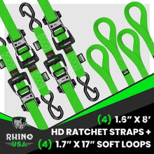 Load image into Gallery viewer, Rhino USA Heavy Duty Ratchet Tie-Down 4-Pack (Green) 1.6In X 8Ft - Powersports Haven
