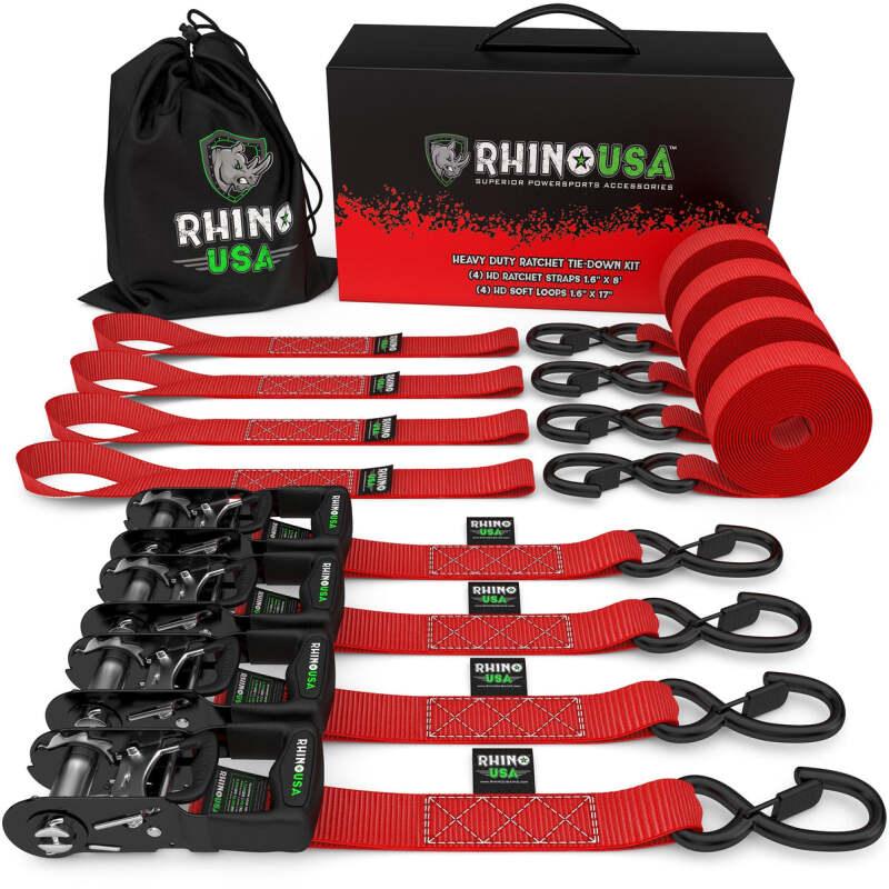 Rhino USA Heavy Duty Ratchet Tie-Down 4-Pack Red 1.6In X 15Ft - Powersports Haven