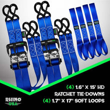 Load image into Gallery viewer, Rhino USA Heavy Duty Ratchet Tie-Down 4-Pack Blue 1.6In X 15Ft - Powersports Haven